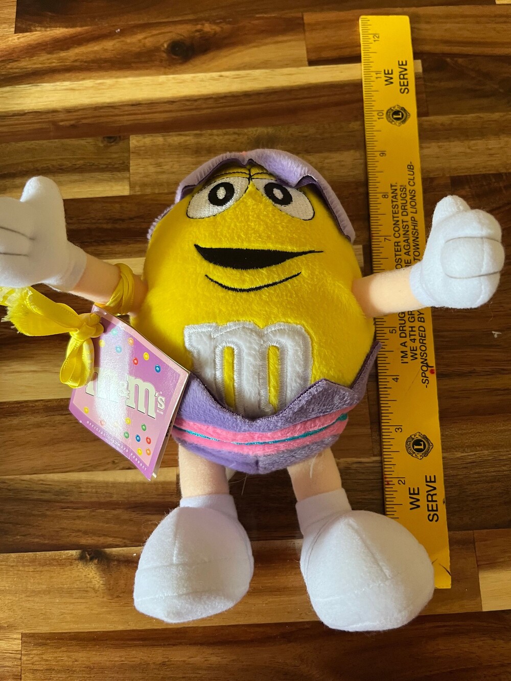 M&M Yellow Plush Doll Purple Egg Outfit 2003 Soft Stuffed Toy 8 Inch